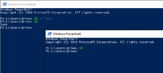 Die in einem PowerShell-Fenster erstellte Variable kann von einem anderen PowerShell-Fenster aus nicht angesprochen werden.