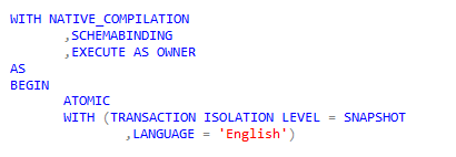 code for creating a natively compiled stored procedure
