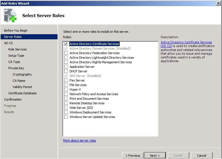 Windows Server 2008 R2 Enterprise Certificate Authority setup