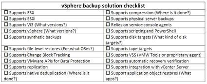 vSphere backup solution checklist