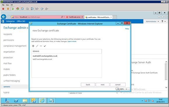 exchange apply to certificate 2013 in an Exchange 2013 Tinkering lab test