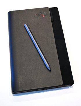 The Lenovo ThinkPad X1 Fold comes with a leather folio and pen.