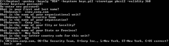 Screenshot of the keytool command