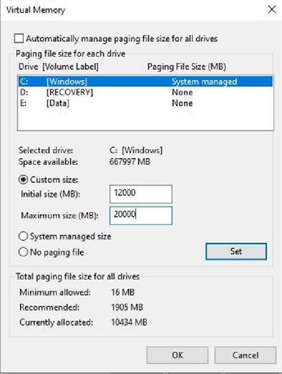 Memory initialized. Виртуальная память Windows 10. Virtual Memory окно. Drive объём. Memory Size.