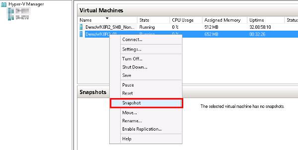 Taking a Hyper-V snapshot within Windows Server 2012
