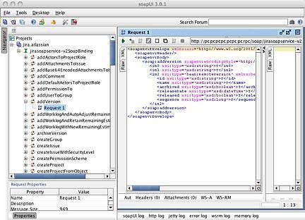 Figure 3: Various JIRA requests shown under the project with a request window open in the main soapUI workspace.