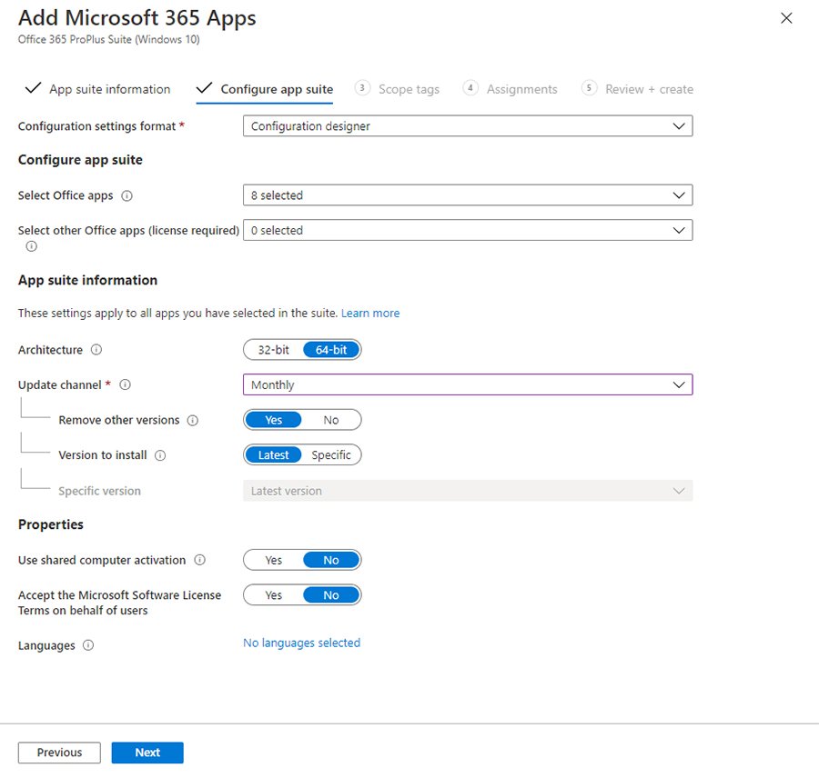 Intune Office app configurations