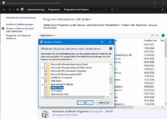 Unter Windows müssen Sie den Telnet-Client manuell aktivieren.