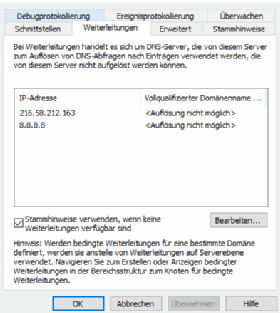 Konfigurieren Sie einen oder mehrere Weiterleitungen, damit DNS Anfragen direkt an spezielle Server schicken kann.