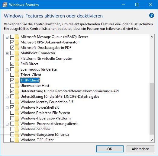 Bei Windows 10 gibt es auch einen TFTP-Client, der gesondert zu installieren ist.