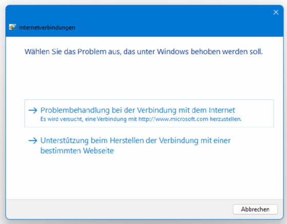 Abbildung 1: Die Netzwerkproblembehandlung von Windows 11 bietet zwei Optionen an, um mit dem Vorgang fortzufahren.