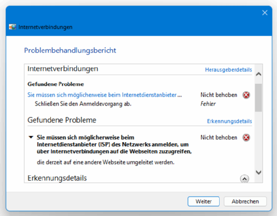 Abbildung 2: Die Ergebnisse für die Windows-Netzwerkdiagnose und die Internetverbindungen unter Windows 11.