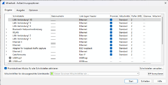 Wireshark: Die Aufzeichnungsoptionen bieten diverse Anpassungsmöglichkeiten.