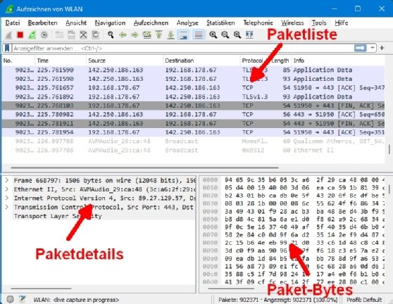 Die drei Bereiche im Hauptfenster von Wireshark.