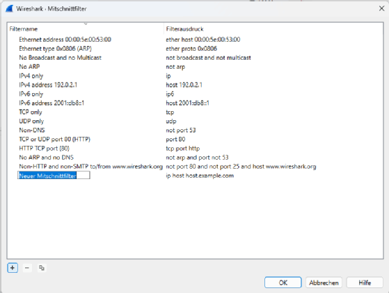 Wireshark: Oben im Menü Aufzeichnen wählen sie den Punkt Mitschnittfilter, um zu diesem Fenster zu gelangen.