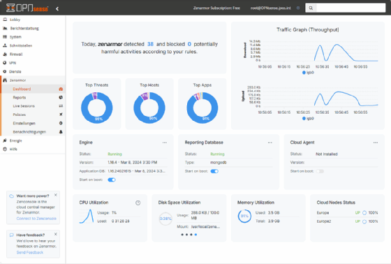 Verwalten von Zenarmor über das Dashboard in OPNsense.