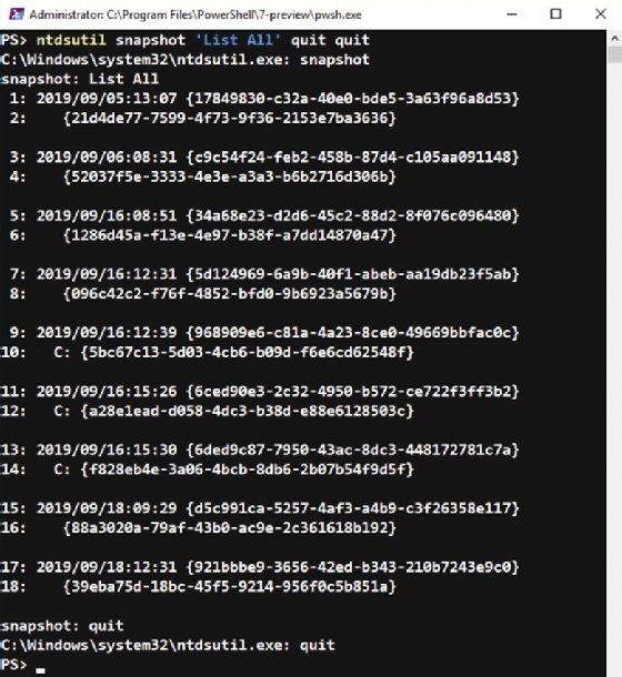 Active Directory snapshots list