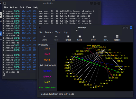EtherApe ist ein wertvolles Zusatztool, um den Datenverkehr beim Einsatz von Arp-Scan, Nmap und Metasploit grafisch zu visualisieren.