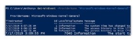 Windows event log search output