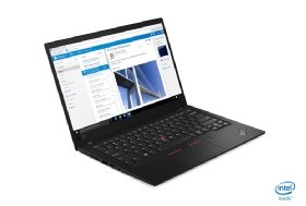 The X1 Carbon is open, turned on and facing left. The thin body and red accents on the keyboard are visible.