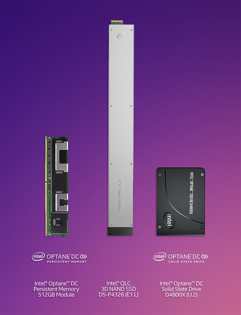 Intels 512 GB Optane DC Persistent Memory Modul (links), mit seinem Quad-Level Cell 3D NAND D5-P4326 (Mitte) und der Dual-Port Optane SSD DC D4800X.