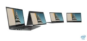 The X1 Yoga is shown in four images, the first open normally, the second in a tent position, and the third and fourth showing the tablet mode.