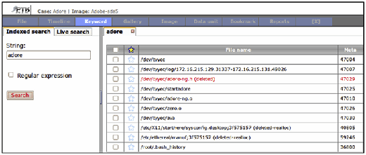 FIGURE 3.17 - Keyword searching for the string “adore” using PTK indexed search