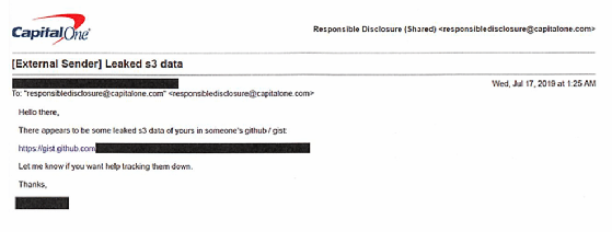 The email tip alerting Capital One to the data breach