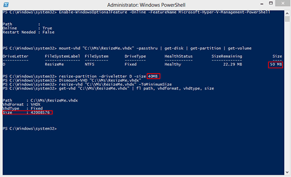 PowerShell view of VHD size.