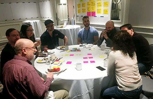 Lean Coffee. Foreground left to right: Woody Zuill, Ardita Karaj