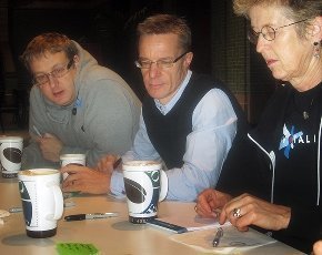 Karl Scotland, Johan Atting and Lisa Crispin in Malmö, Sweden, Lean Coffee before Øredev 2012. Not depicted: Diana Larsen and Matthew Heusser.