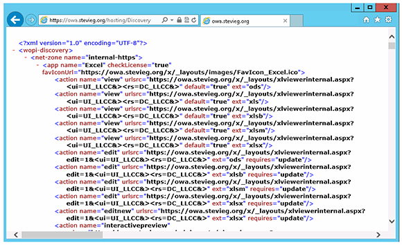 A look at XML output after testing Office Web Apps Server discovery.