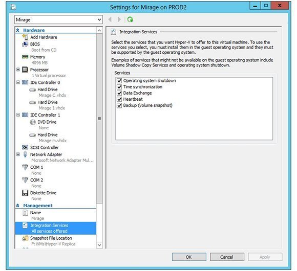 The Hyper-V menu offers an option that you can use to install the Integration Services