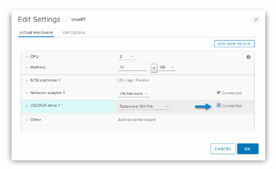 VCSA Edit Settings page