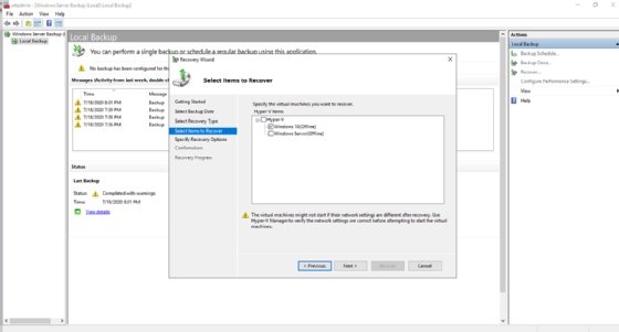 Screenshot of Windows Server Backup
