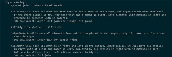 Types of join functions are AllInLeft, AllInRight, OnlyIfInBoth and AllInBoth.