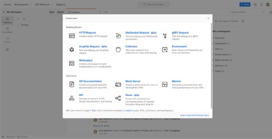 Screenshot of Postman's 'Create new' screen