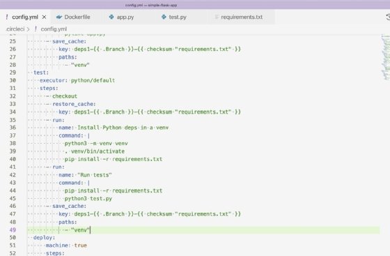 The screenshot lists the steps to run tests in the CircleCI config YAML file.