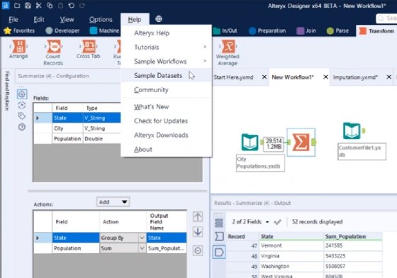 示例数据集现在可以在Alteryx Designer中单击鼠标。