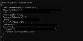 Abbildung 2: Mit dem Befehl az account können Sie bestätigen, dass der Azure-Dienstprinzipal korrekt eingerichtet wurde.
