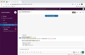 Abbildung 1: Screenshot einer ChatOps-Funktion auf Slack: /net-find ip 10.1.1.1. Mit freundlicher Genehmigung von Tim Schreyack von NetworkToCode.com.