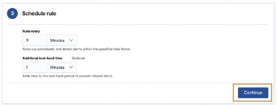Screenshot for scheduling when to run rules in Elastic Stack Security app