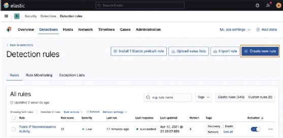 Screenshot of a rule in the Elastic Stack Security app