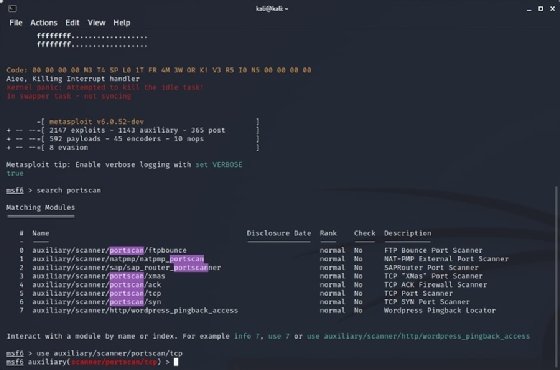 Captura de tela da pesquisa de 'portscan' no Metasploit Framework