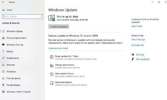 screenshot of Windows update page