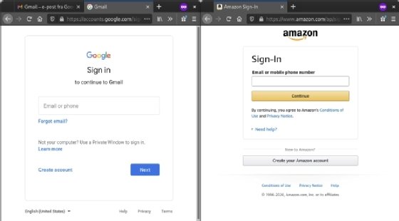 Capturas de tela das páginas de login do Google e da Amazon