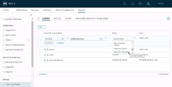 Screenshot of NSX-T user role interface