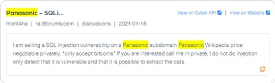 Screenshot of Panasonic breach dark web post, via Webz