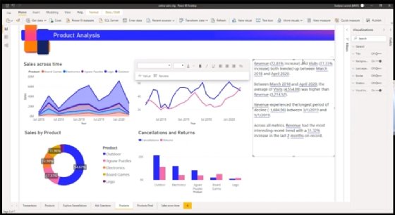 لقطة شاشة من لوحة معلومات Microsoft Power BI، التي تحتوي على أداة سرد القصص بالبيانات.